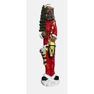 Hand-Painted Thin African American Santa Claus Figurine Holding Tree and Gifts